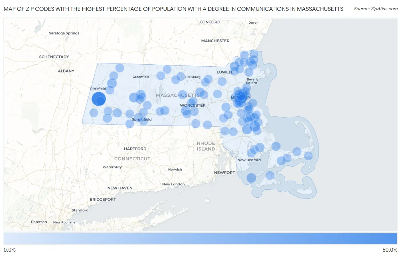 Zip Codes with the Highest Percentage of Population with a Degree in Communications in Massachusetts Map