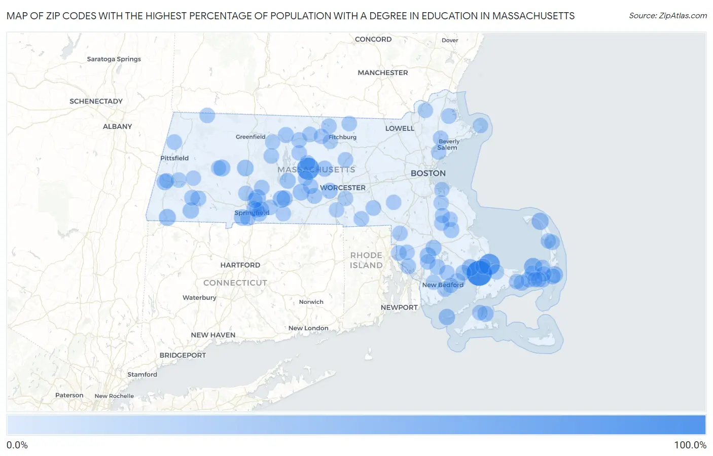 Zip Codes with the Highest Percentage of Population with a Degree in Education in Massachusetts Map