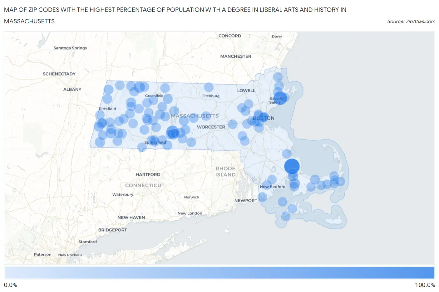 Zip Codes with the Highest Percentage of Population with a Degree in Liberal Arts and History in Massachusetts Map