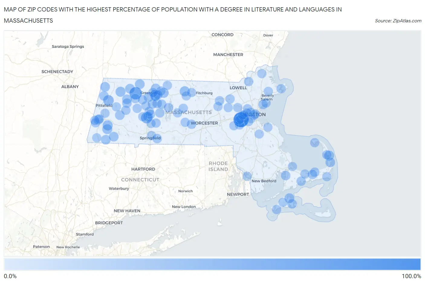 Zip Codes with the Highest Percentage of Population with a Degree in Literature and Languages in Massachusetts Map