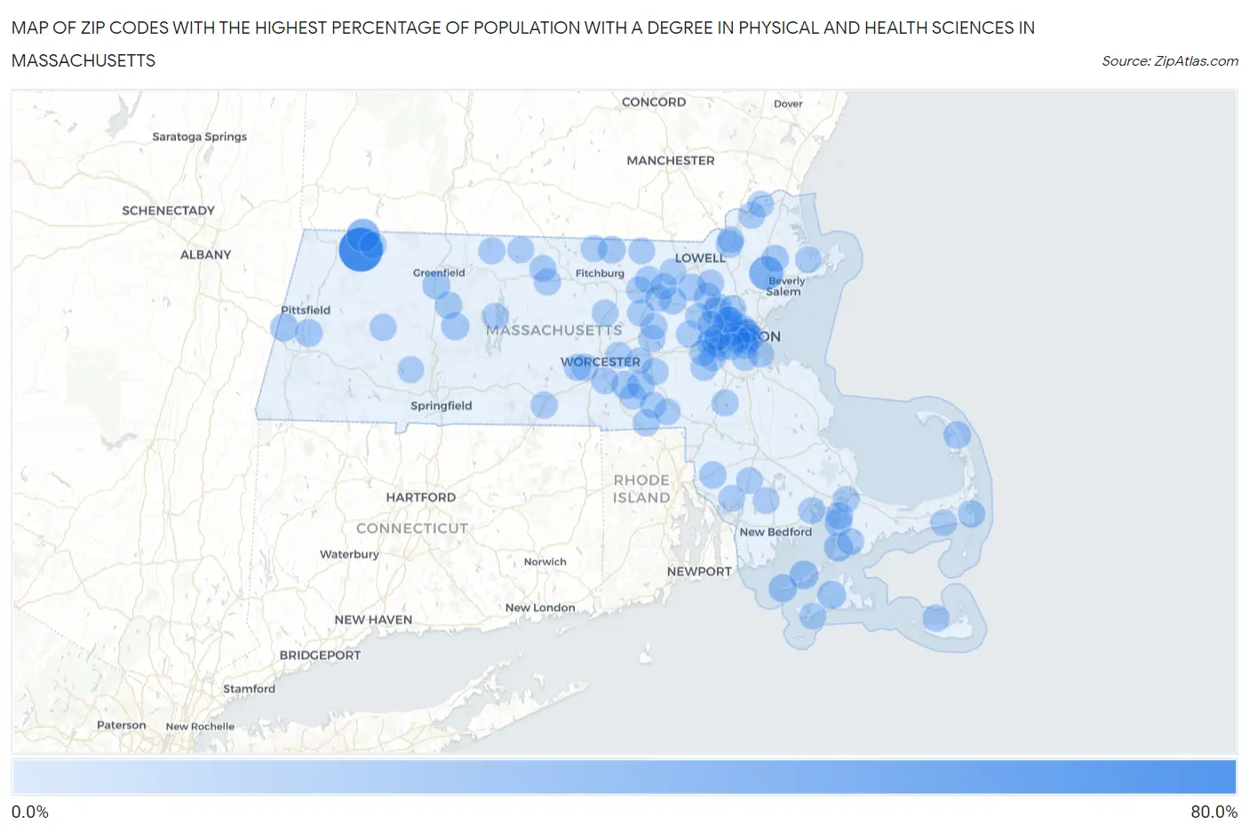 Zip Codes with the Highest Percentage of Population with a Degree in Physical and Health Sciences in Massachusetts Map
