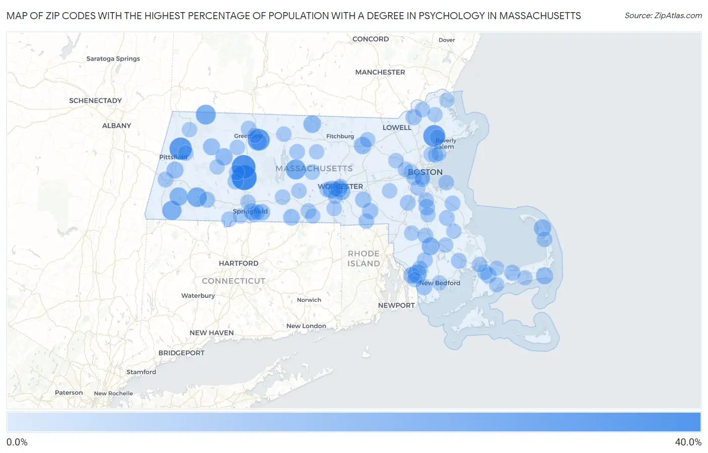 Zip Codes with the Highest Percentage of Population with a Degree in Psychology in Massachusetts Map