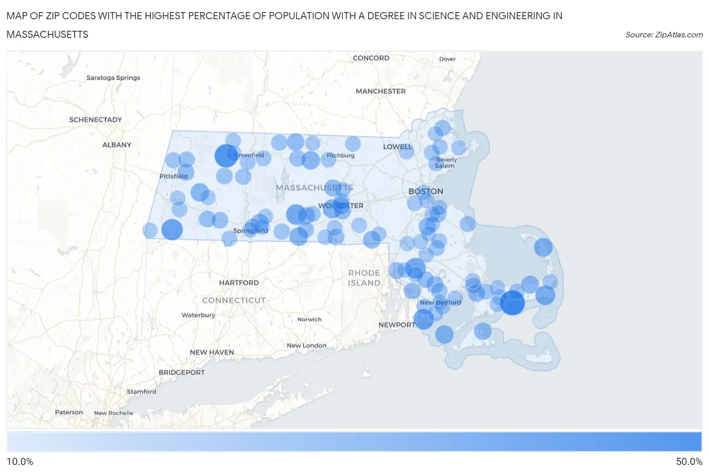 Zip Codes with the Highest Percentage of Population with a Degree in Science and Engineering in Massachusetts Map