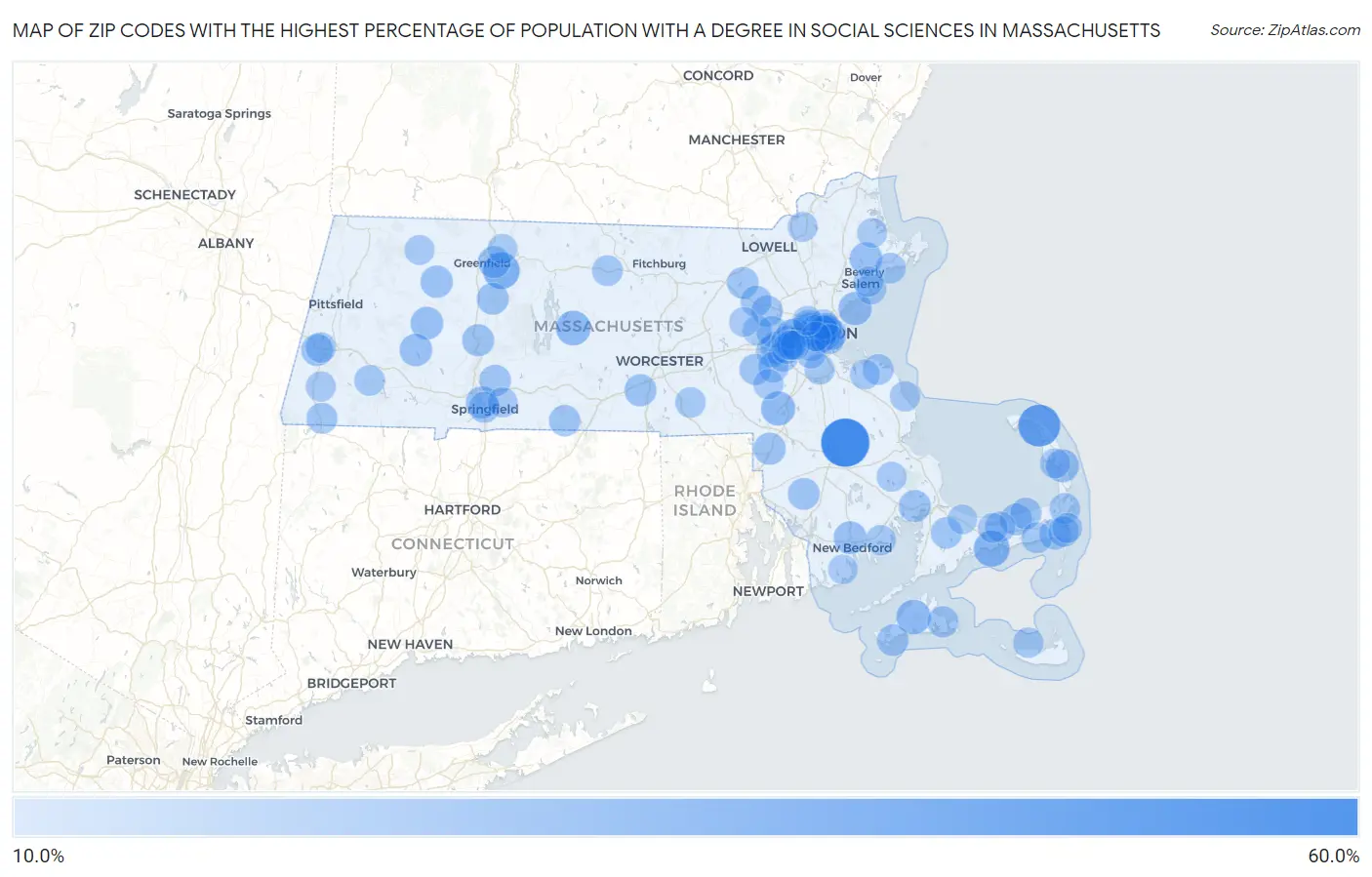 Zip Codes with the Highest Percentage of Population with a Degree in Social Sciences in Massachusetts Map