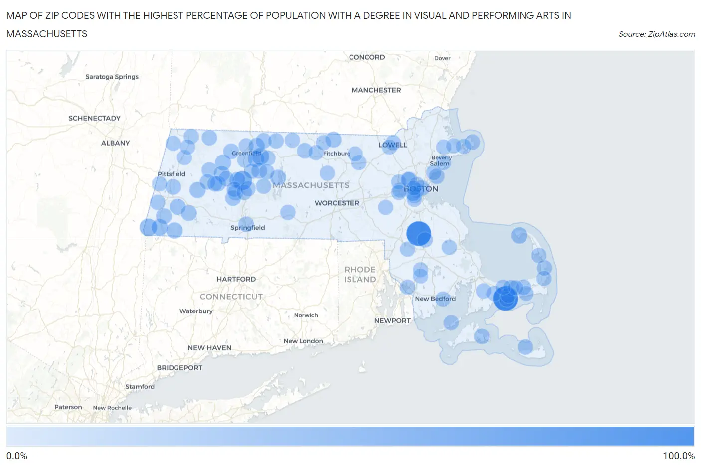 Zip Codes with the Highest Percentage of Population with a Degree in Visual and Performing Arts in Massachusetts Map