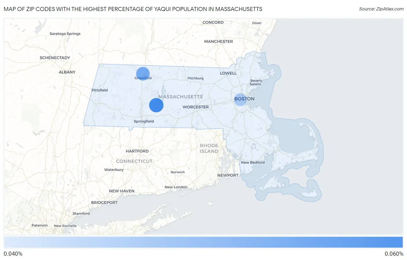 Zip Codes with the Highest Percentage of Yaqui Population in Massachusetts Map