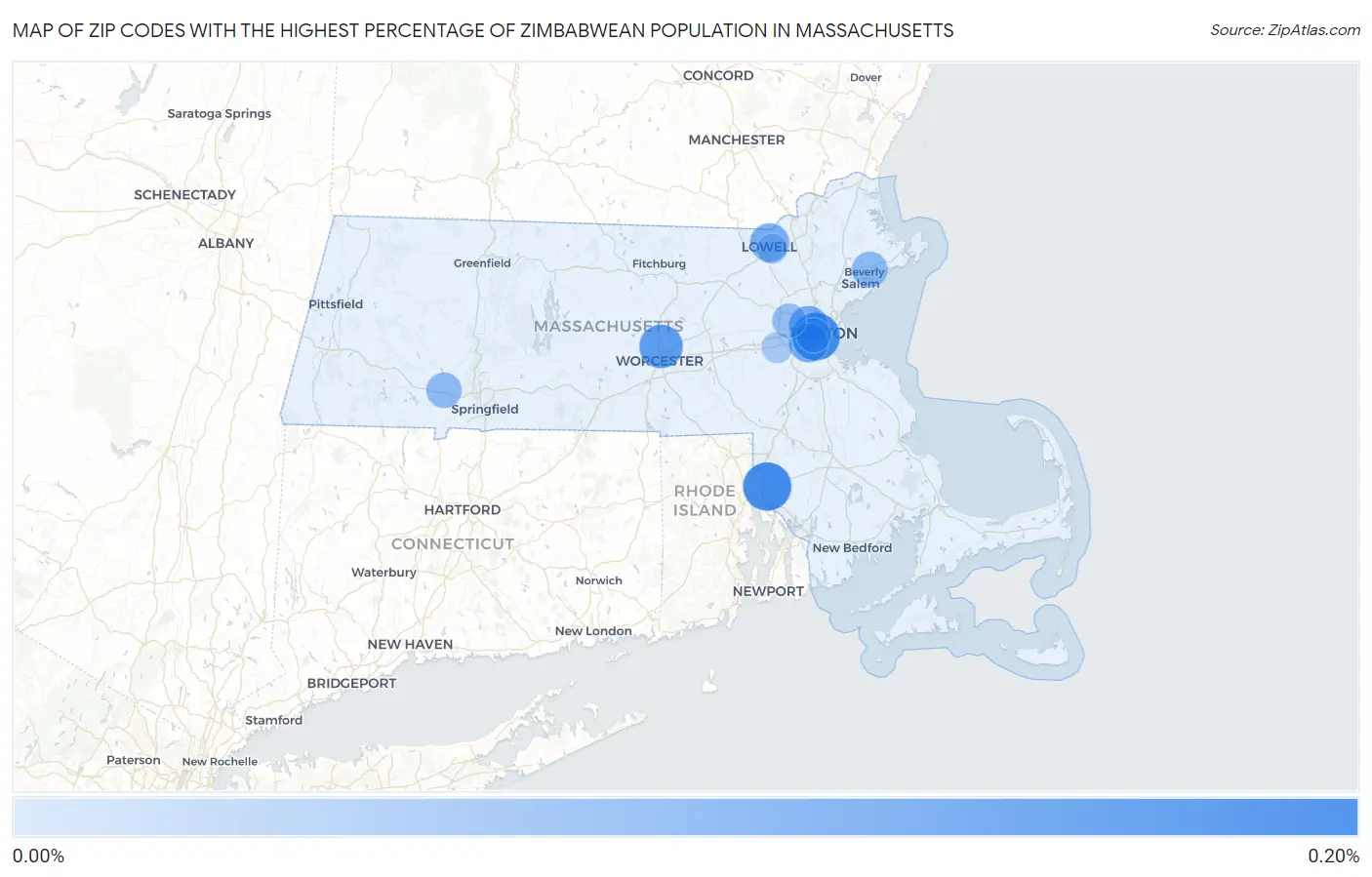 Zip Codes with the Highest Percentage of Zimbabwean Population in Massachusetts Map