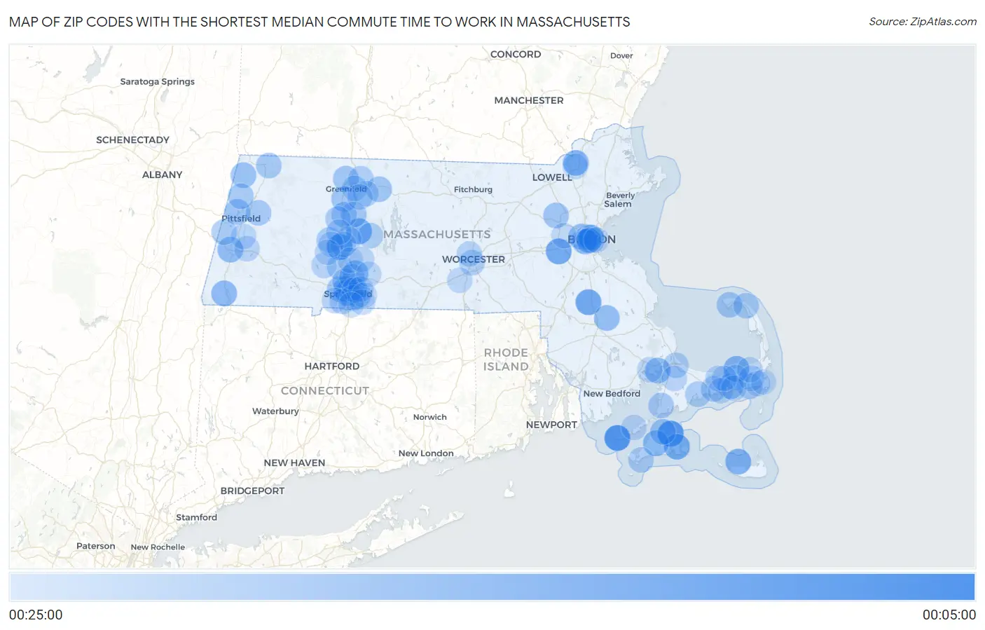 Zip Codes with the Shortest Median Commute Time to Work in Massachusetts Map