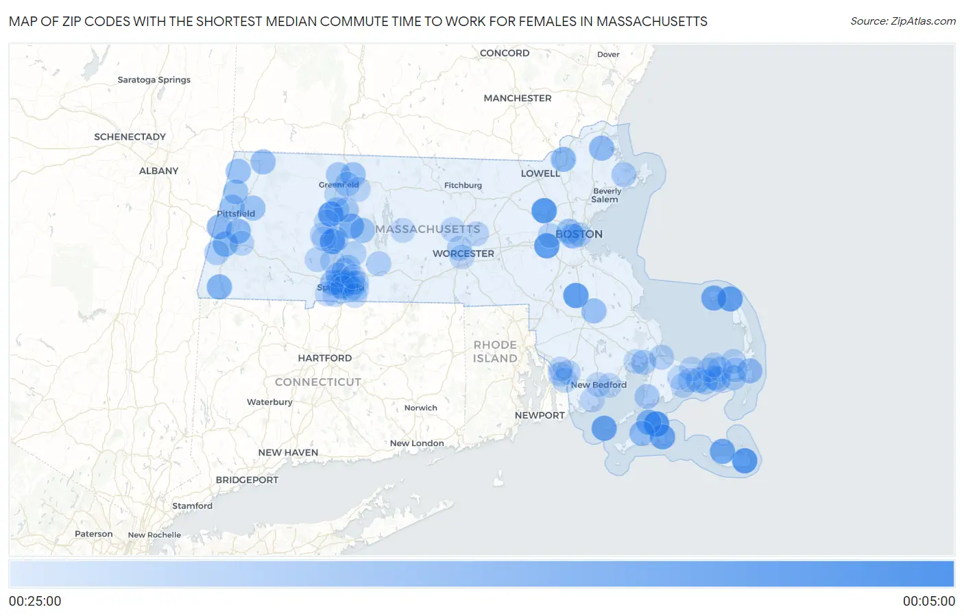 Zip Codes with the Shortest Median Commute Time to Work for Females in Massachusetts Map