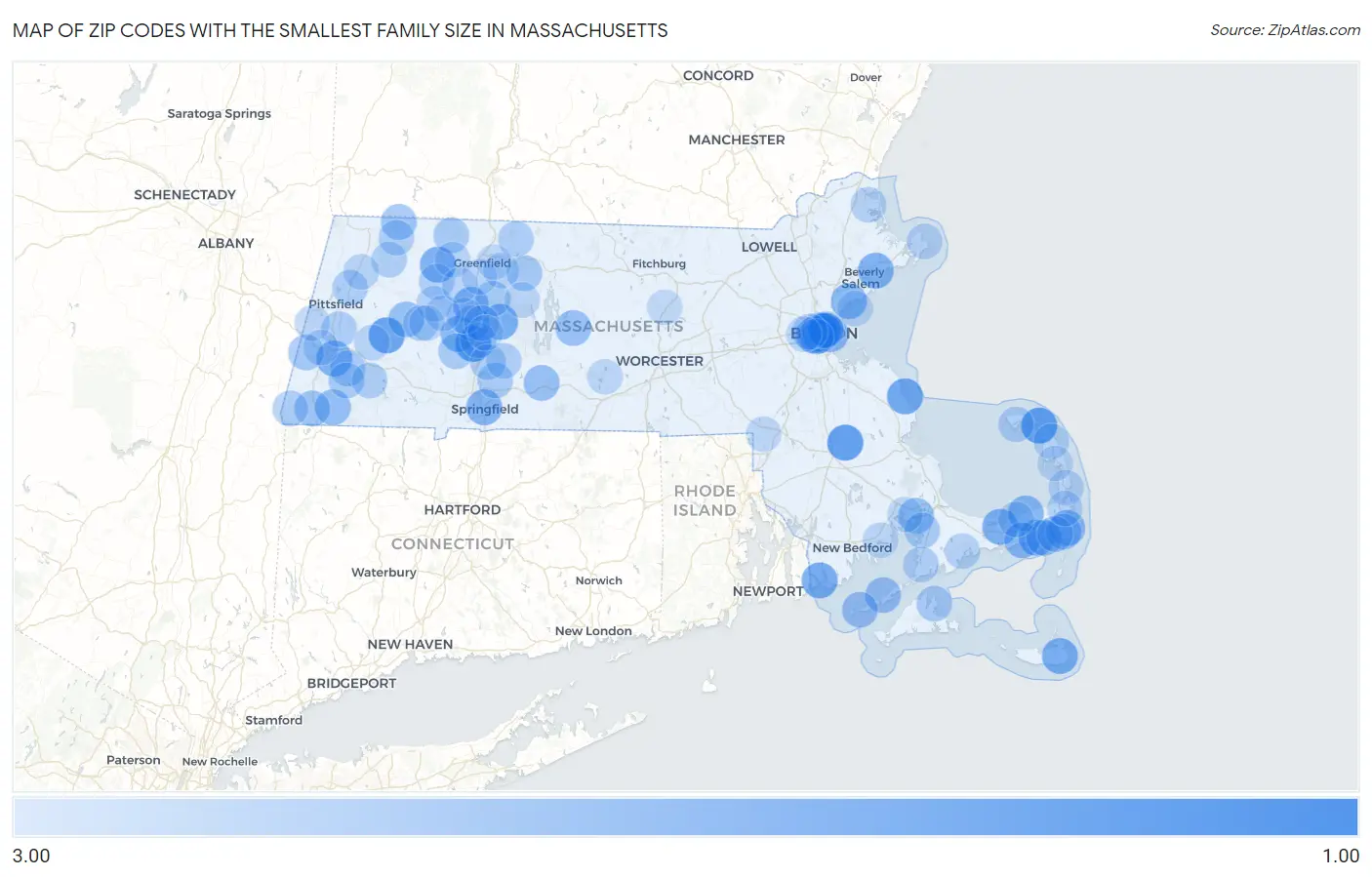 Zip Codes with the Smallest Family Size in Massachusetts Map