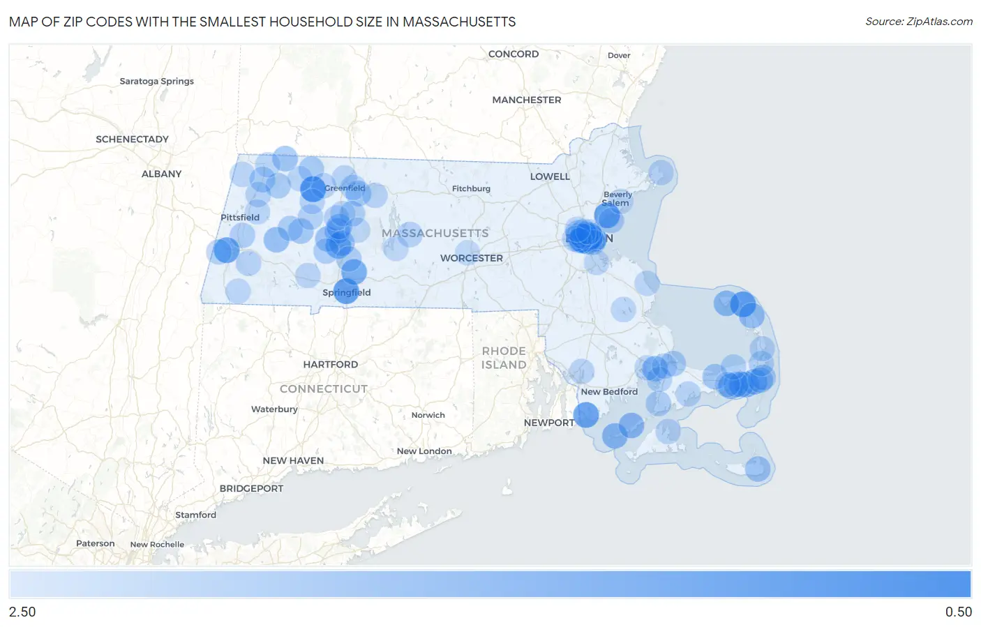 Zip Codes with the Smallest Household Size in Massachusetts Map