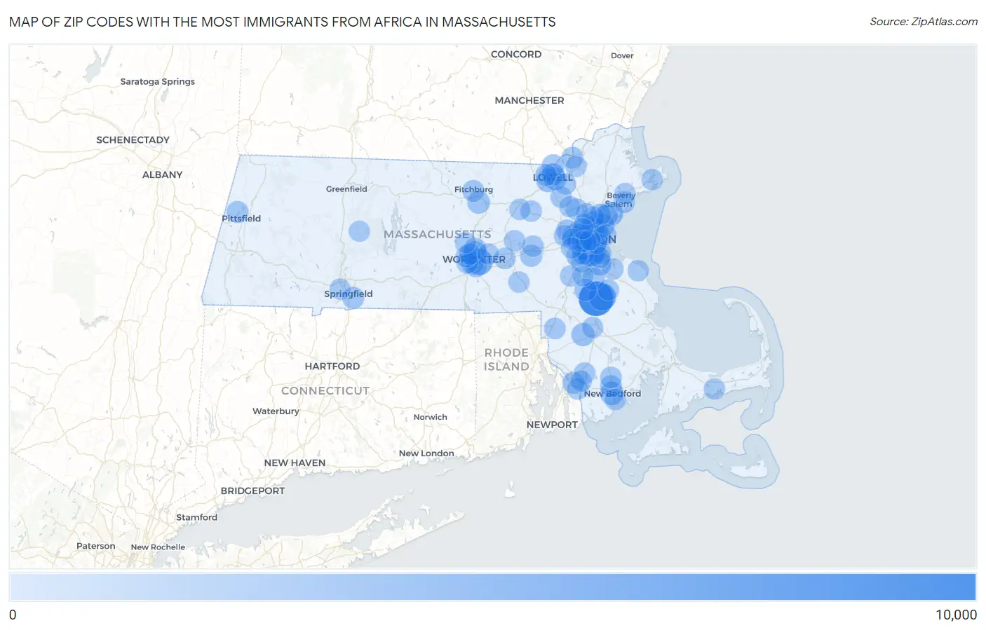 Zip Codes with the Most Immigrants from Africa in Massachusetts Map
