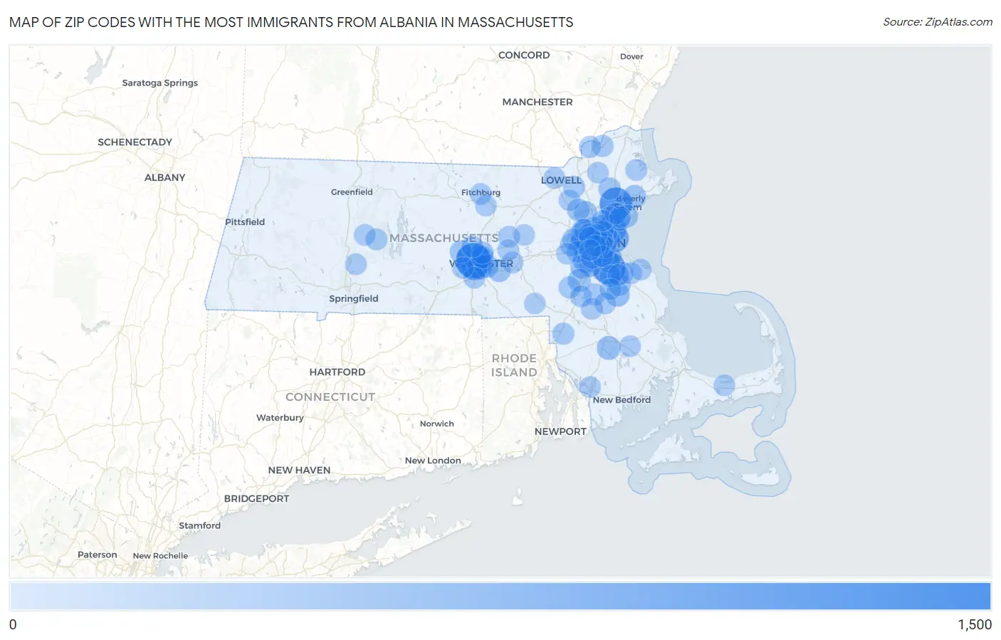 Zip Codes with the Most Immigrants from Albania in Massachusetts Map