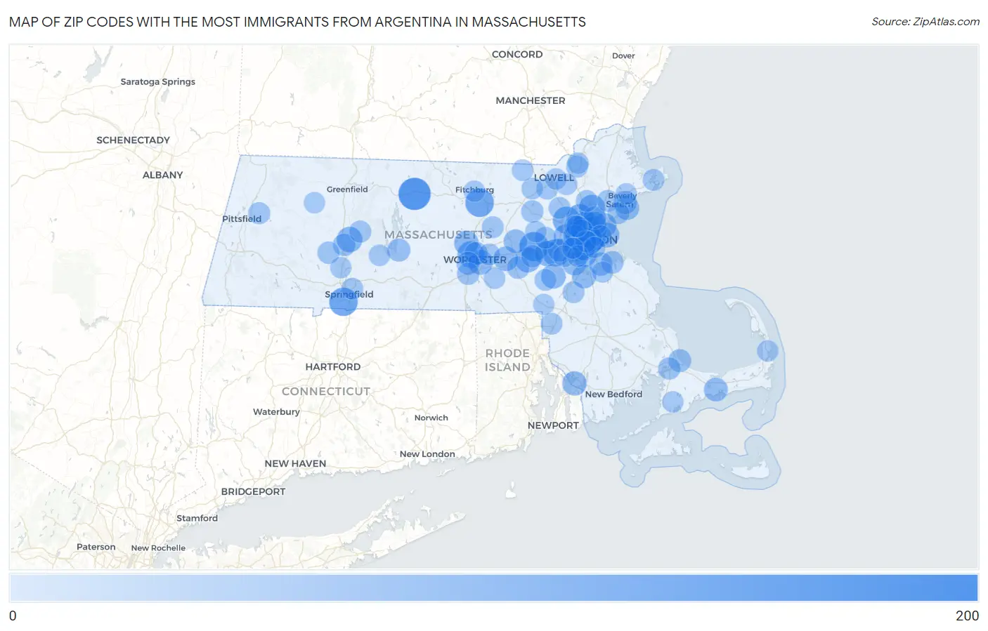 Zip Codes with the Most Immigrants from Argentina in Massachusetts Map