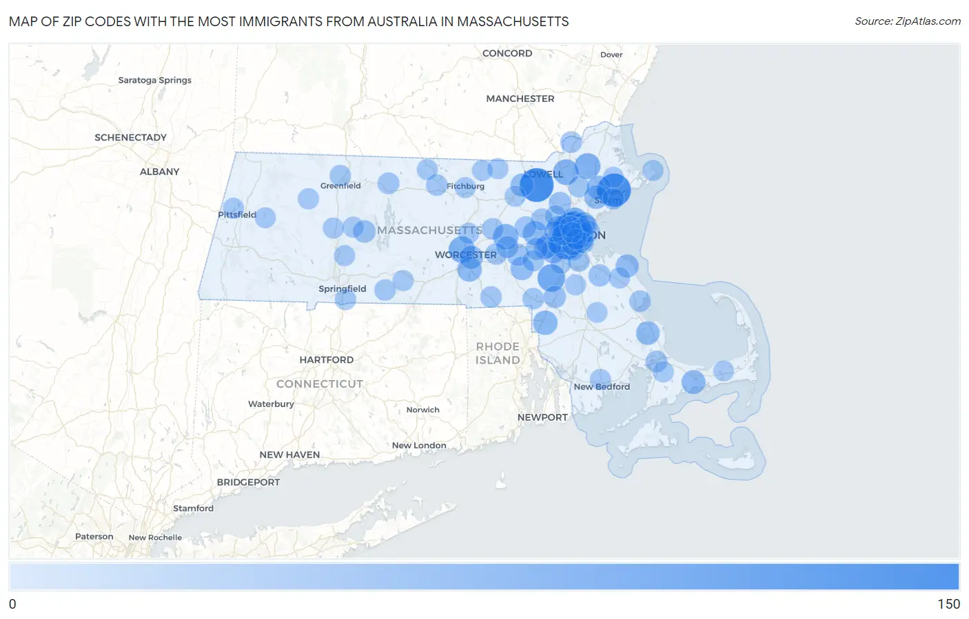 Zip Codes with the Most Immigrants from Australia in Massachusetts Map