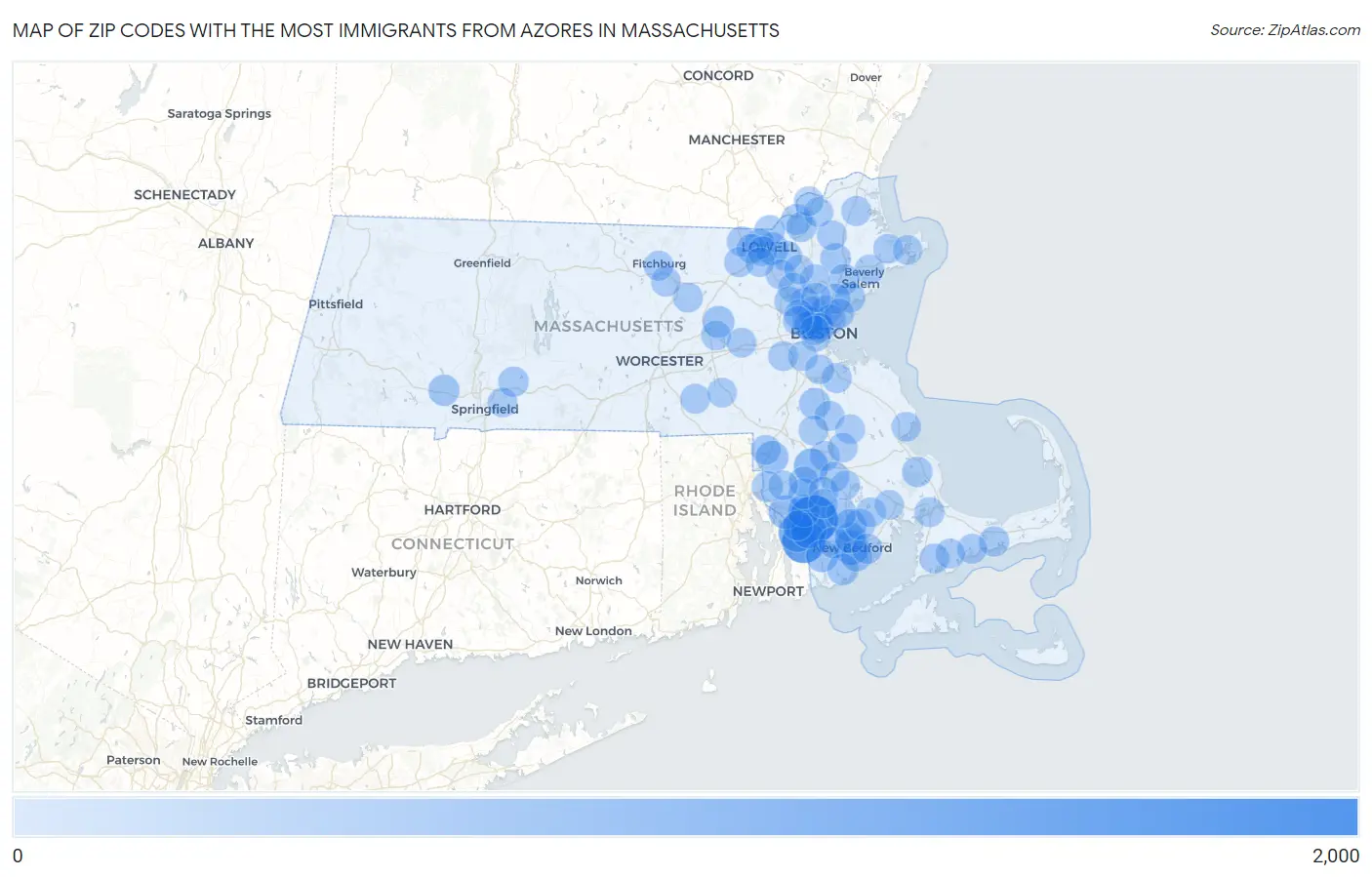 Zip Codes with the Most Immigrants from Azores in Massachusetts Map