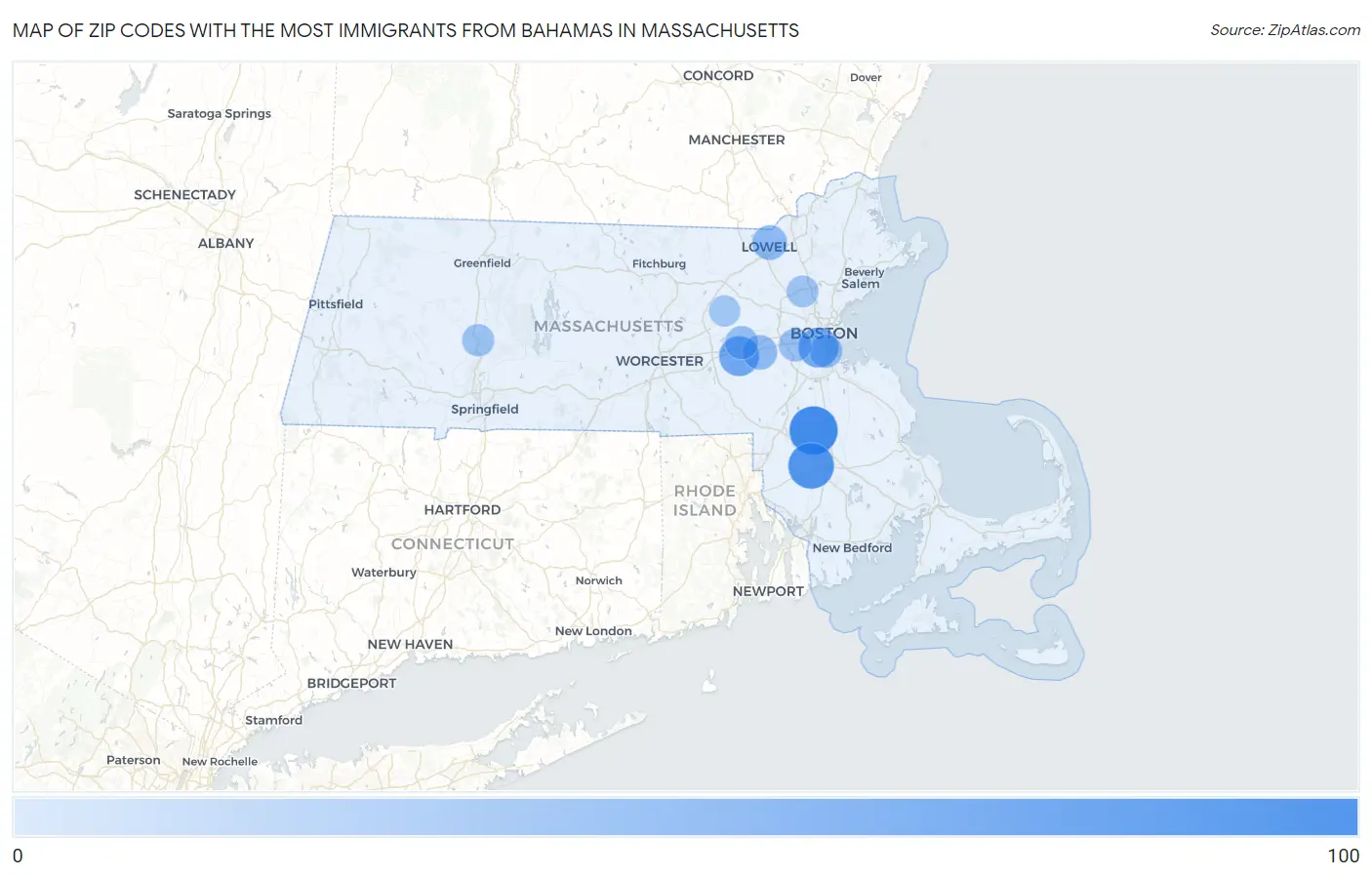 Zip Codes with the Most Immigrants from Bahamas in Massachusetts Map