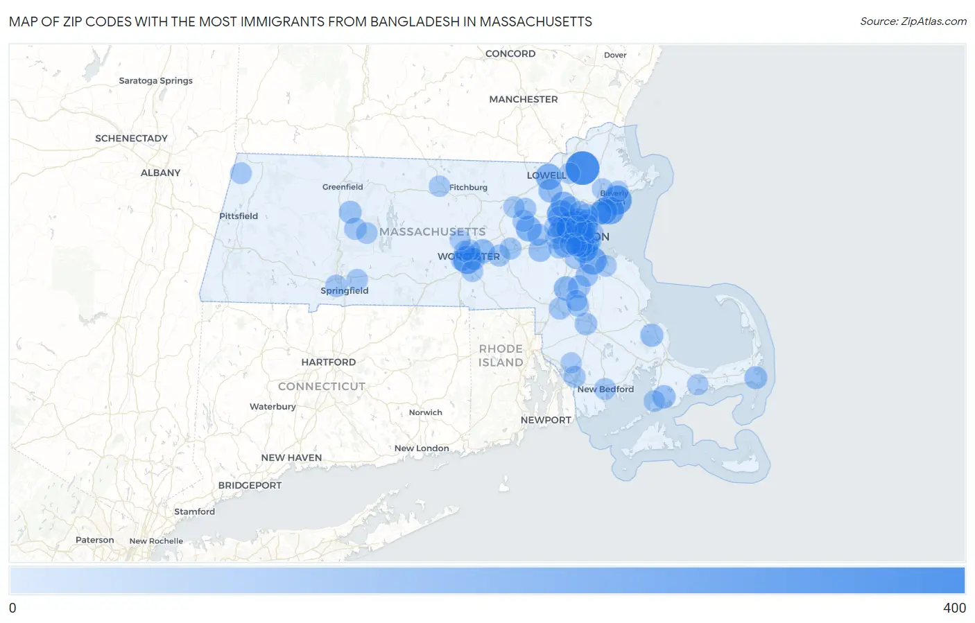 Zip Codes with the Most Immigrants from Bangladesh in Massachusetts Map