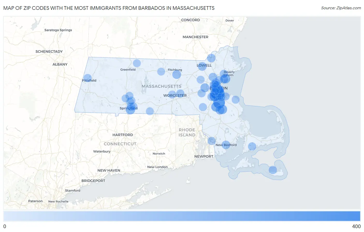 Zip Codes with the Most Immigrants from Barbados in Massachusetts Map