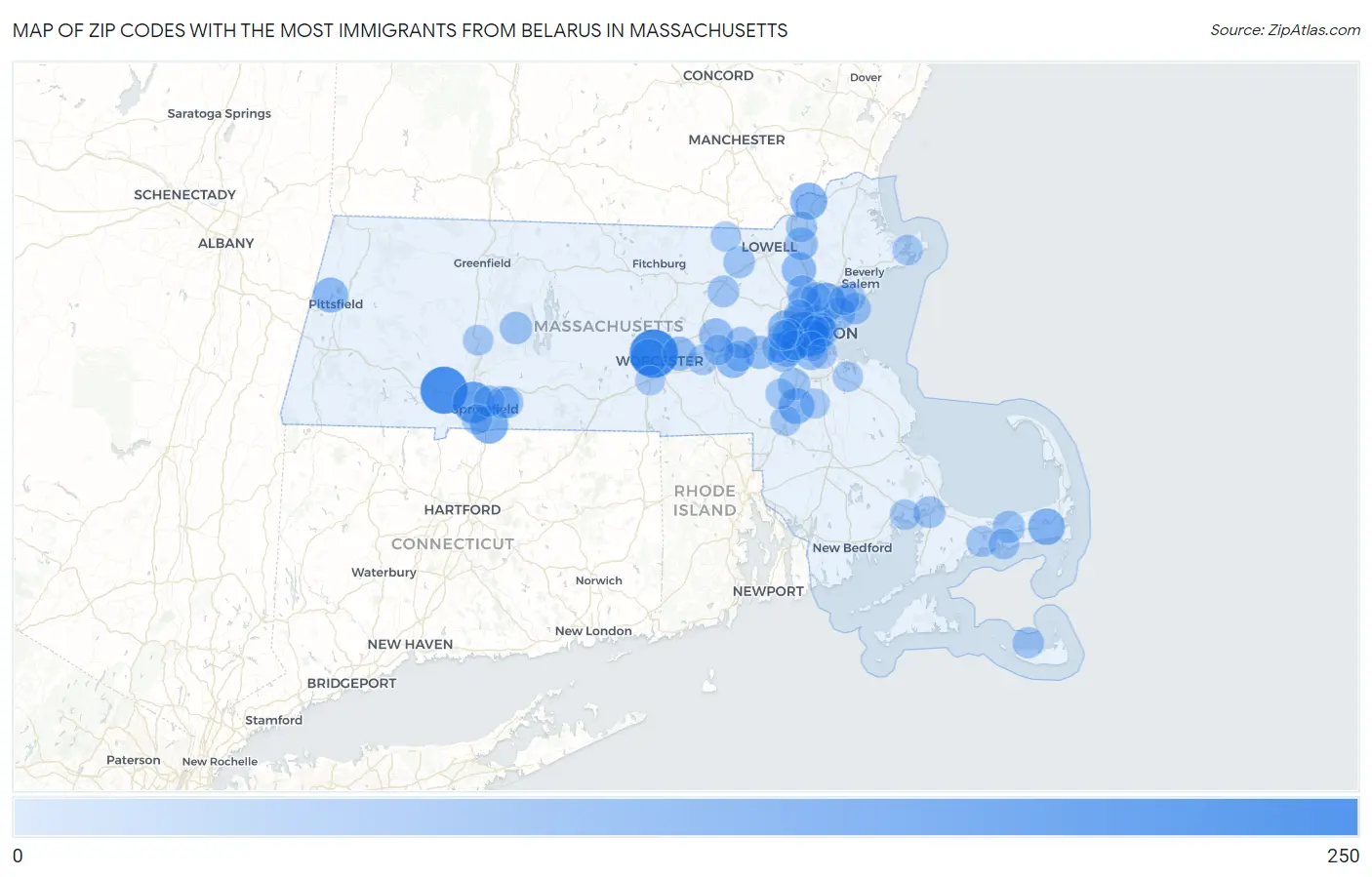 Zip Codes with the Most Immigrants from Belarus in Massachusetts Map