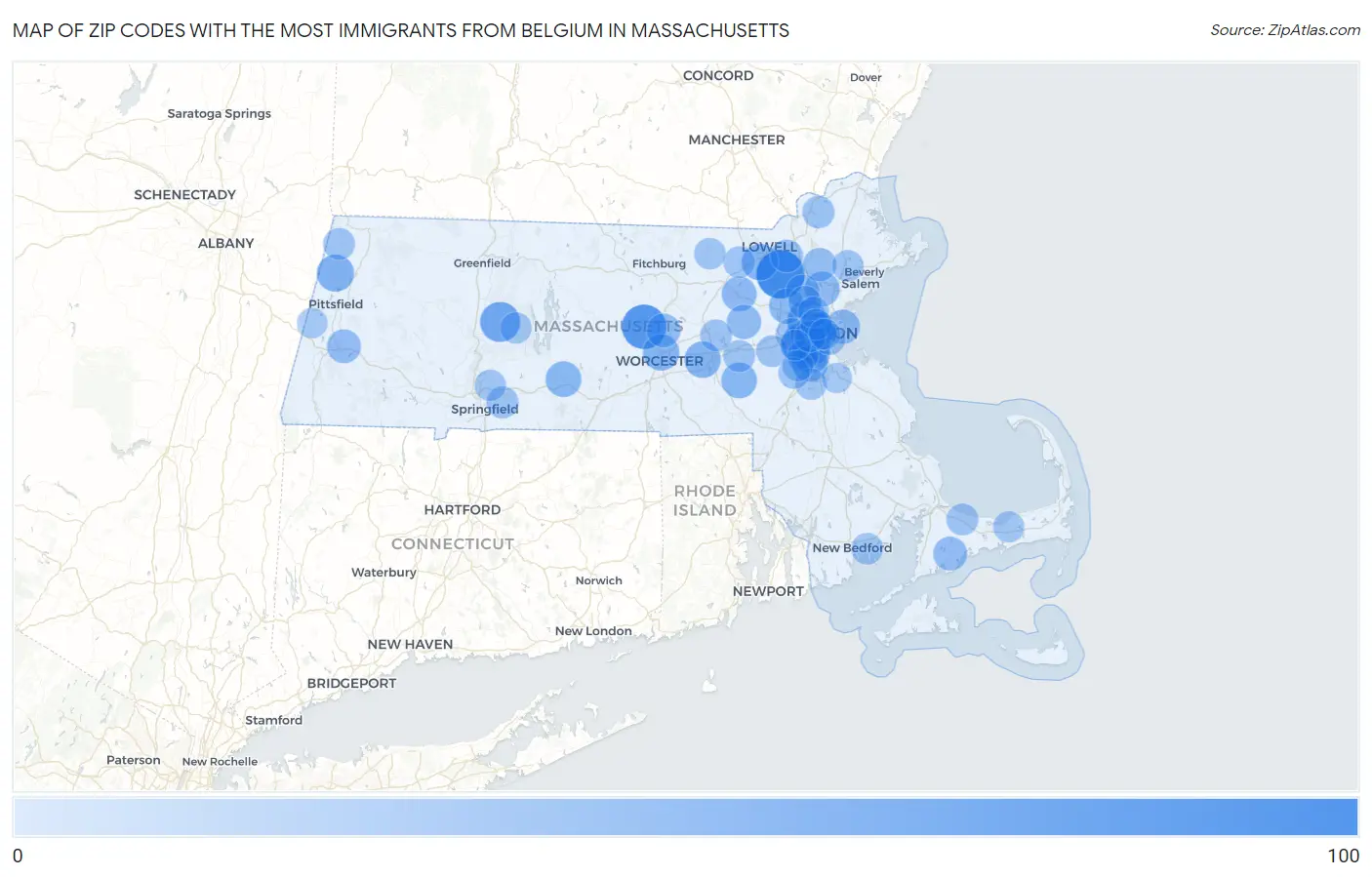 Zip Codes with the Most Immigrants from Belgium in Massachusetts Map