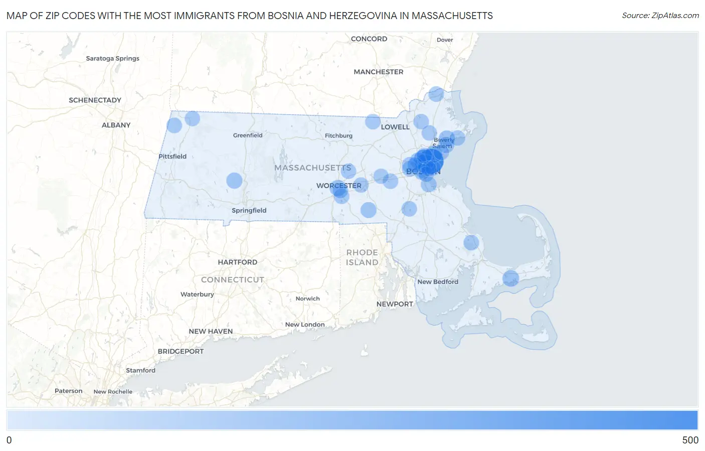 Zip Codes with the Most Immigrants from Bosnia and Herzegovina in Massachusetts Map