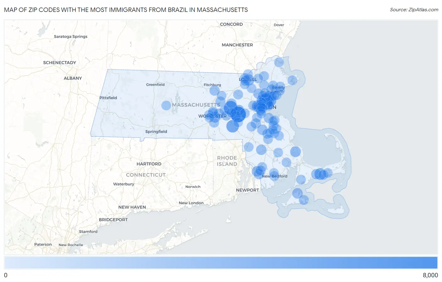 Zip Codes with the Most Immigrants from Brazil in Massachusetts Map