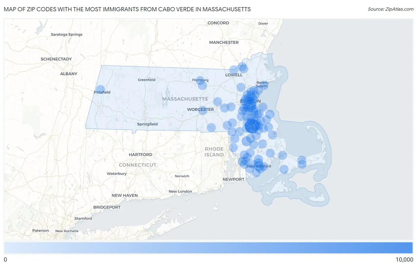 Zip Codes with the Most Immigrants from Cabo Verde in Massachusetts Map