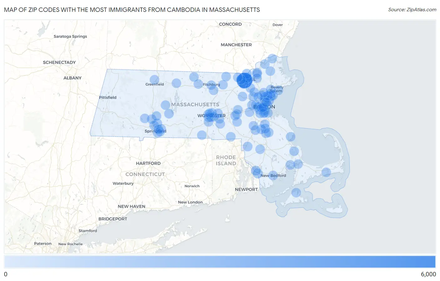 Zip Codes with the Most Immigrants from Cambodia in Massachusetts Map