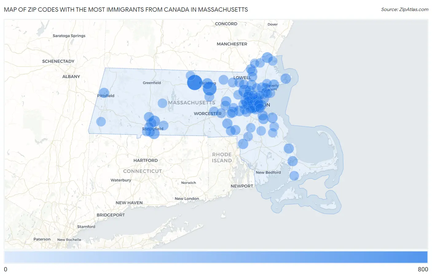 Zip Codes with the Most Immigrants from Canada in Massachusetts Map