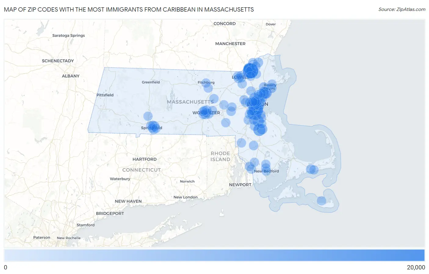 Zip Codes with the Most Immigrants from Caribbean in Massachusetts Map