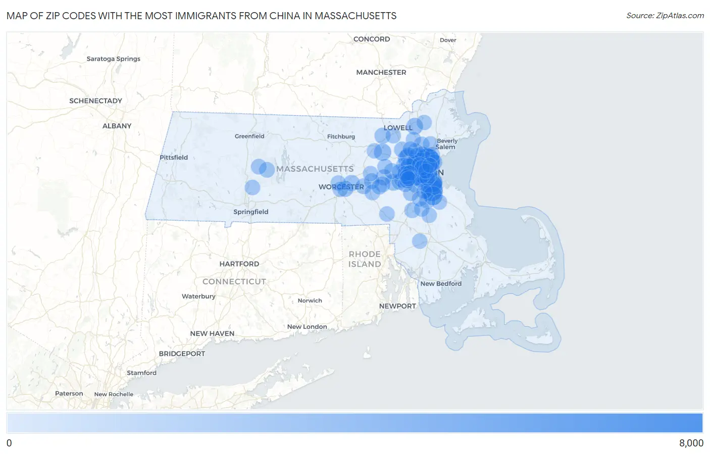 Zip Codes with the Most Immigrants from China in Massachusetts Map