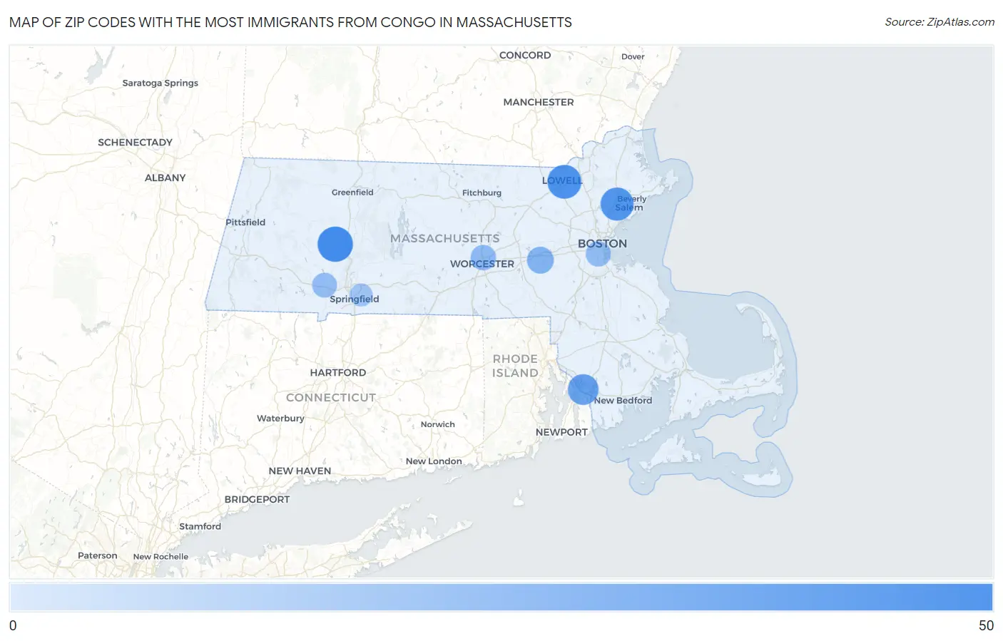 Zip Codes with the Most Immigrants from Congo in Massachusetts Map