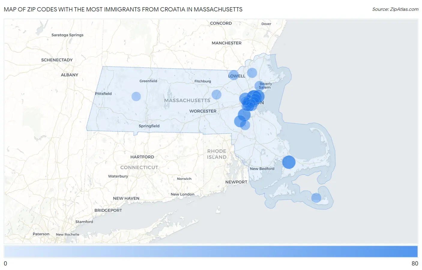 Zip Codes with the Most Immigrants from Croatia in Massachusetts Map