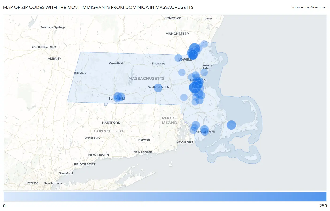 Zip Codes with the Most Immigrants from Dominica in Massachusetts Map