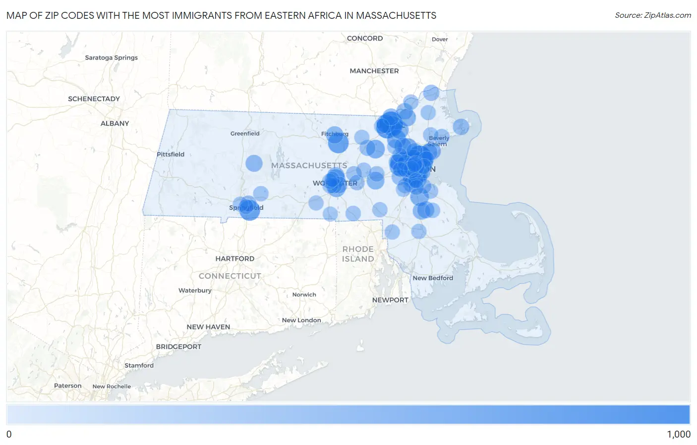 Zip Codes with the Most Immigrants from Eastern Africa in Massachusetts Map