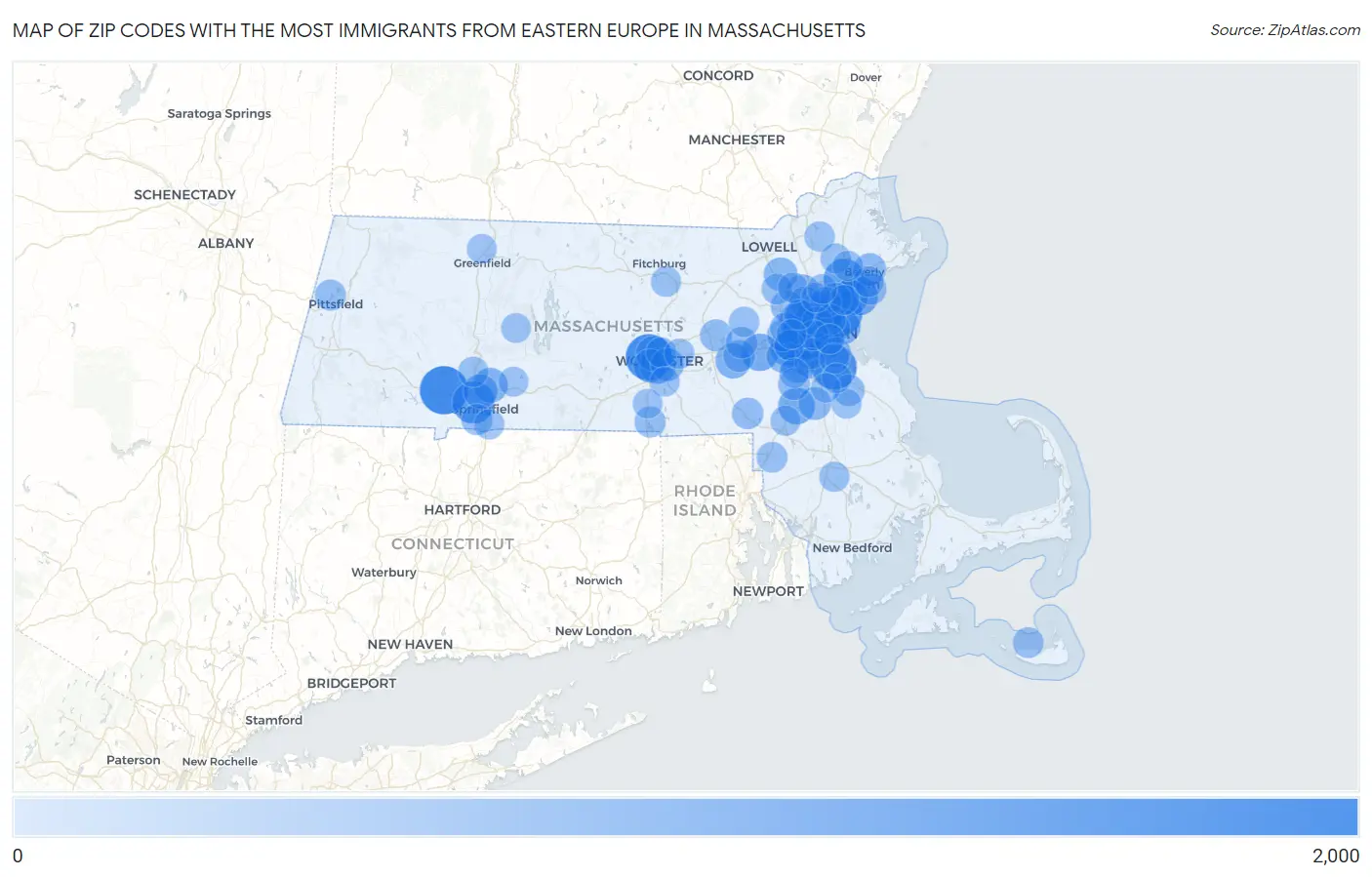 Zip Codes with the Most Immigrants from Eastern Europe in Massachusetts Map