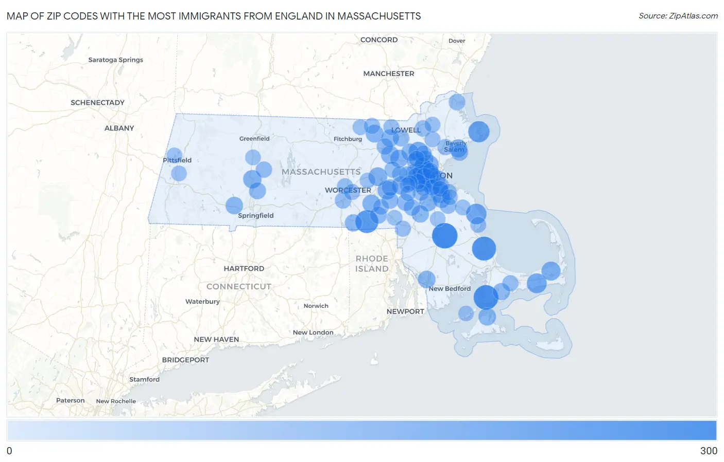 Zip Codes with the Most Immigrants from England in Massachusetts Map