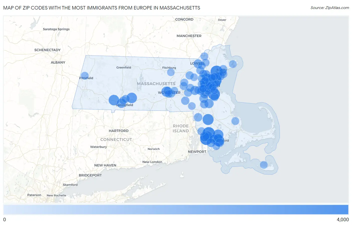 Zip Codes with the Most Immigrants from Europe in Massachusetts Map