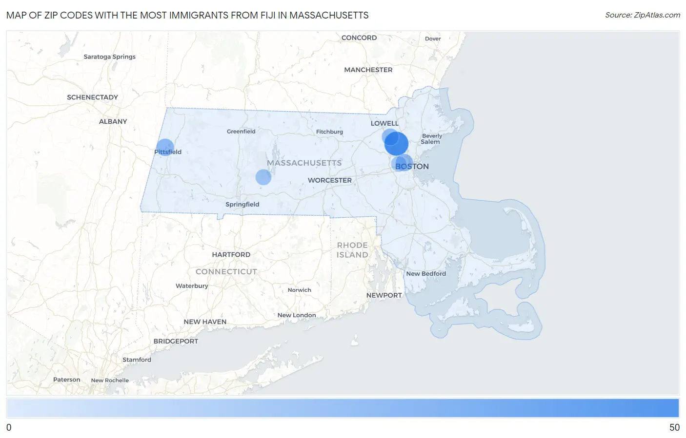 Zip Codes with the Most Immigrants from Fiji in Massachusetts Map