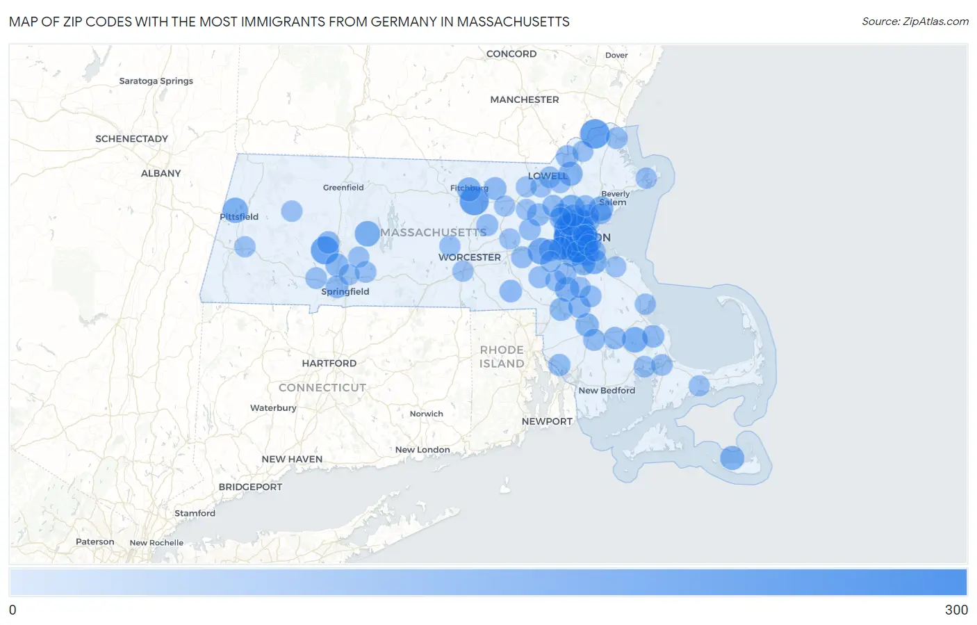Zip Codes with the Most Immigrants from Germany in Massachusetts Map