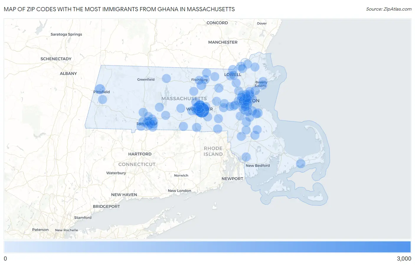 Zip Codes with the Most Immigrants from Ghana in Massachusetts Map