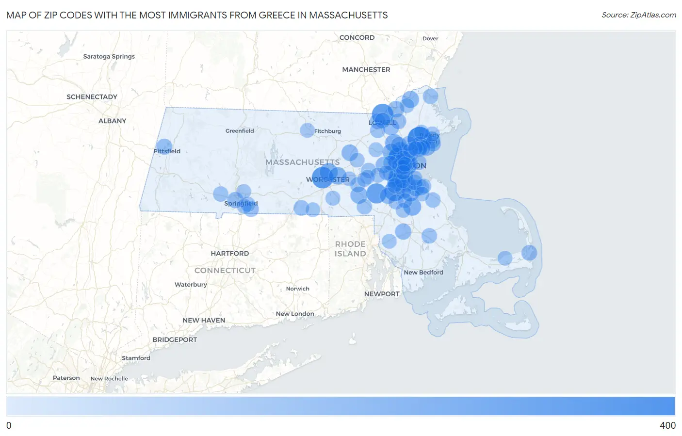 Zip Codes with the Most Immigrants from Greece in Massachusetts Map