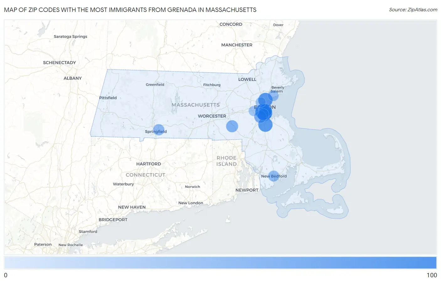 Zip Codes with the Most Immigrants from Grenada in Massachusetts Map