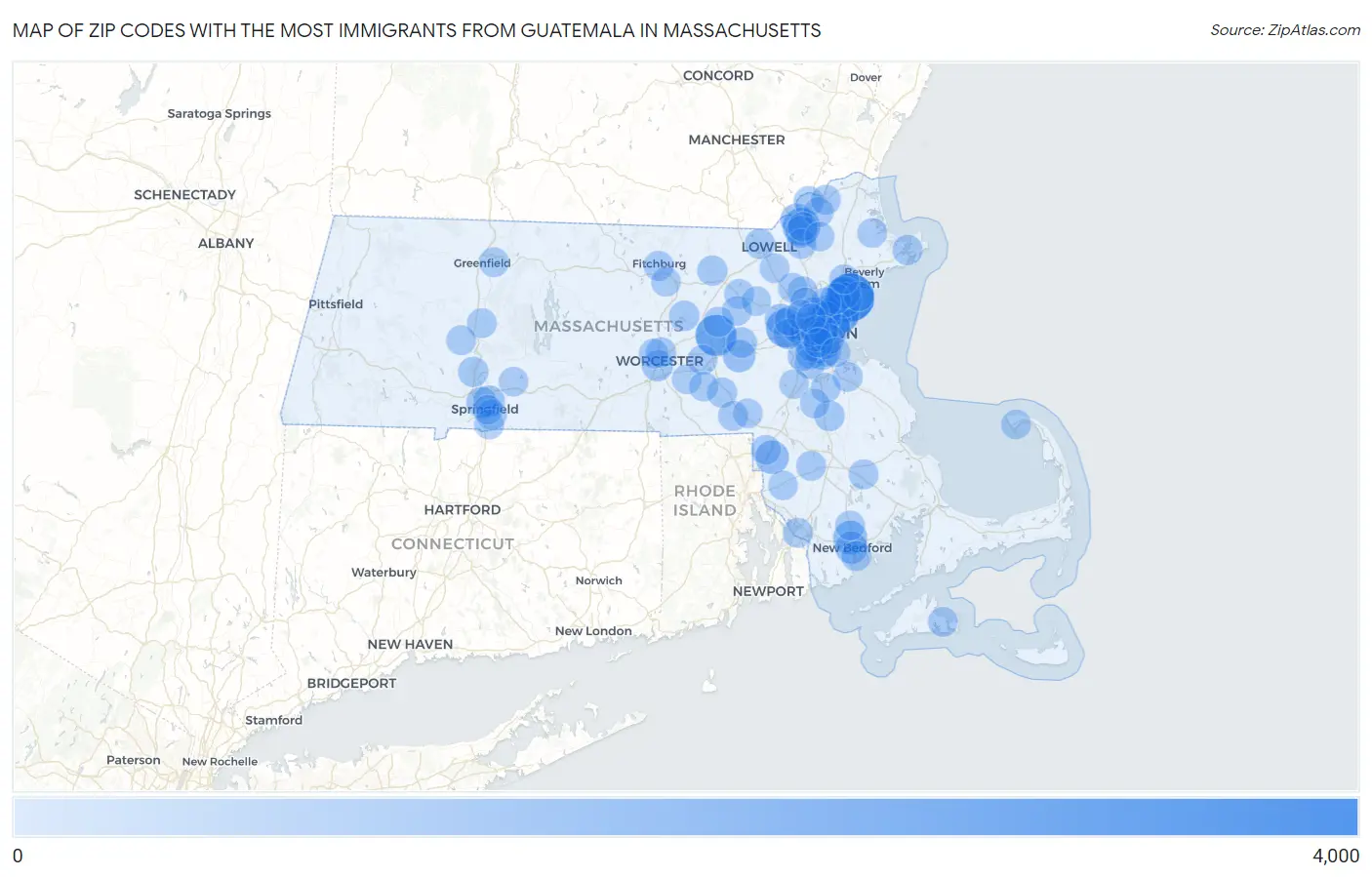 Zip Codes with the Most Immigrants from Guatemala in Massachusetts Map