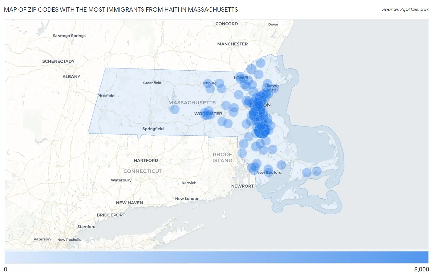 Zip Codes with the Most Immigrants from Haiti in Massachusetts Map