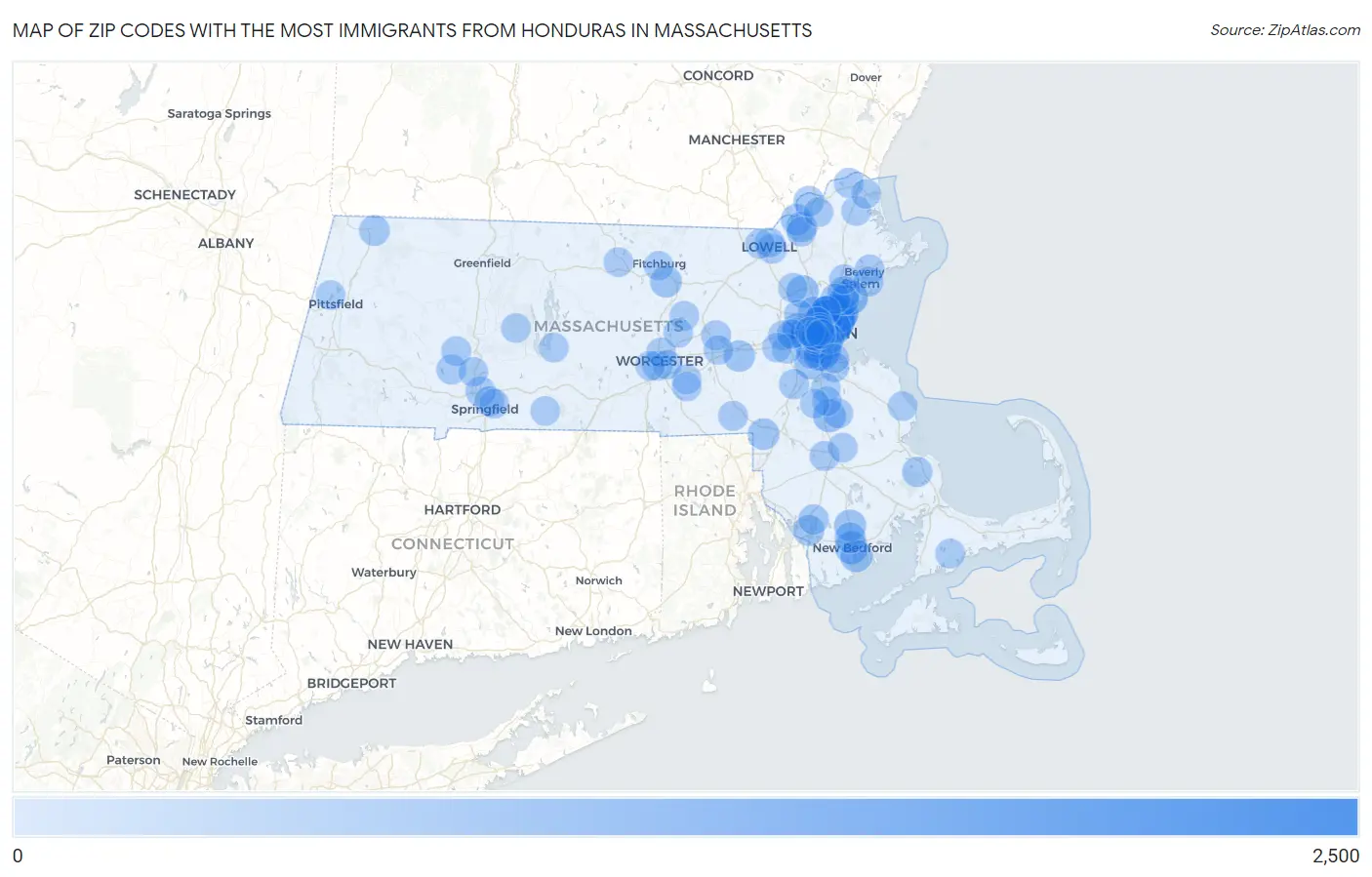 Zip Codes with the Most Immigrants from Honduras in Massachusetts Map