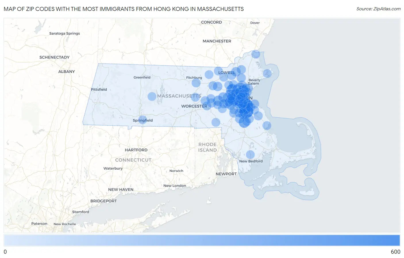 Zip Codes with the Most Immigrants from Hong Kong in Massachusetts Map