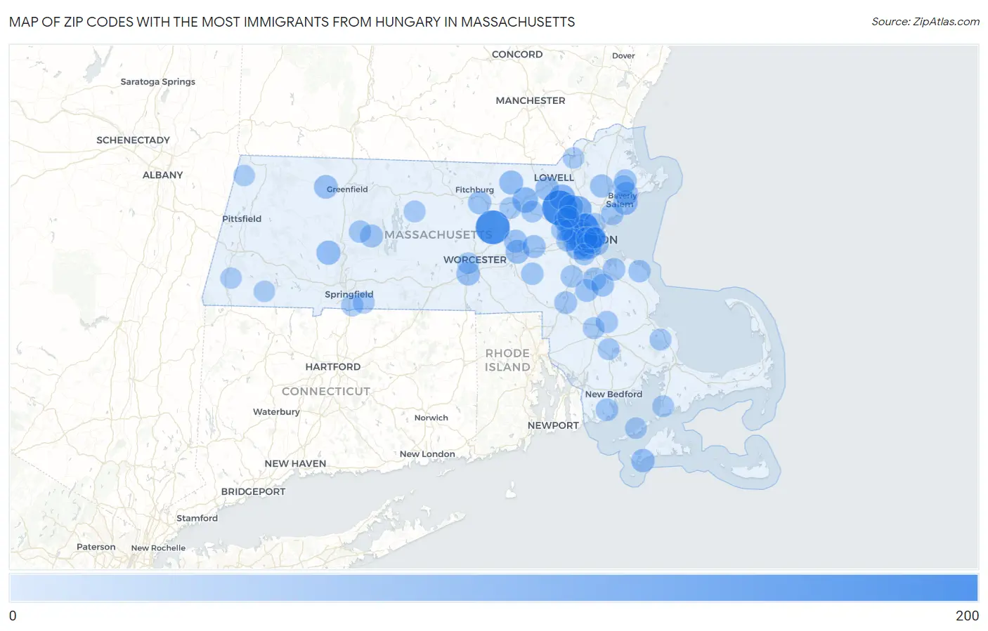 Zip Codes with the Most Immigrants from Hungary in Massachusetts Map