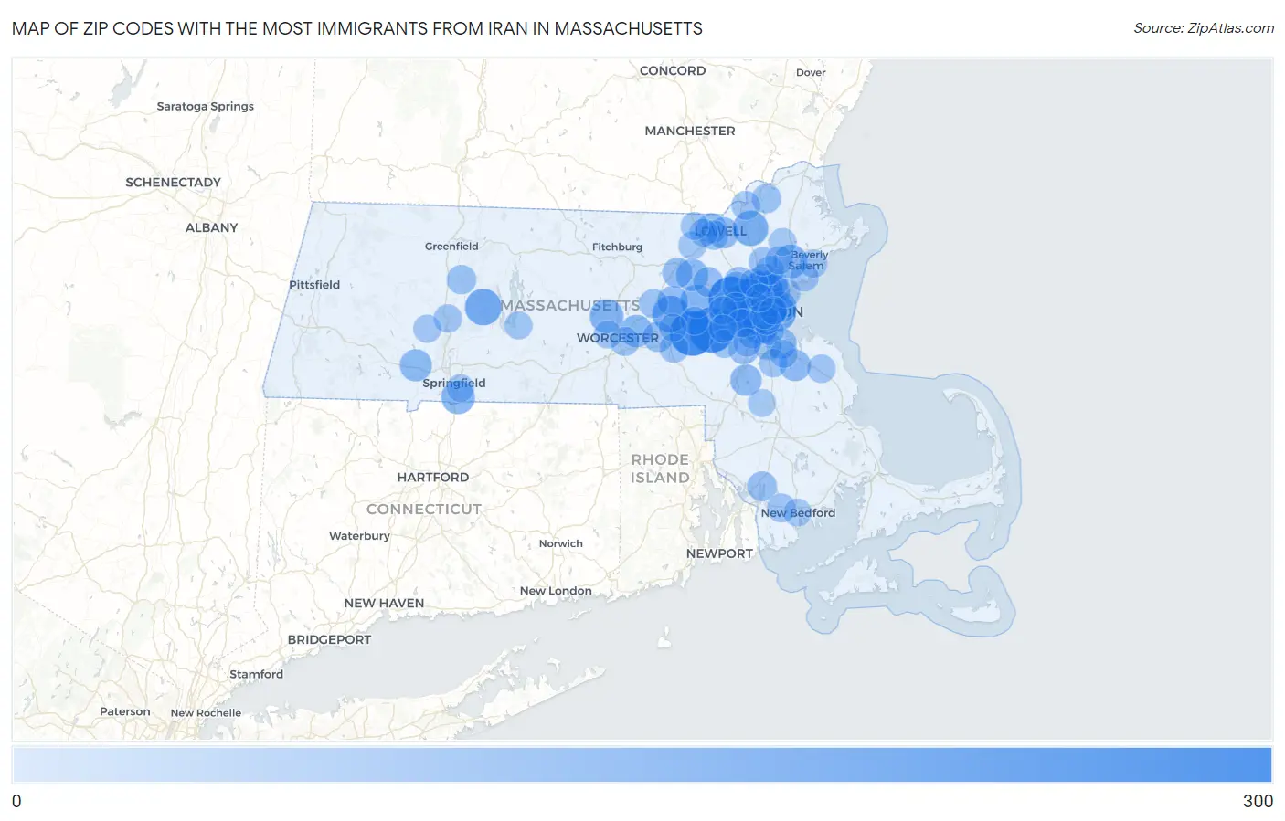 Zip Codes with the Most Immigrants from Iran in Massachusetts Map